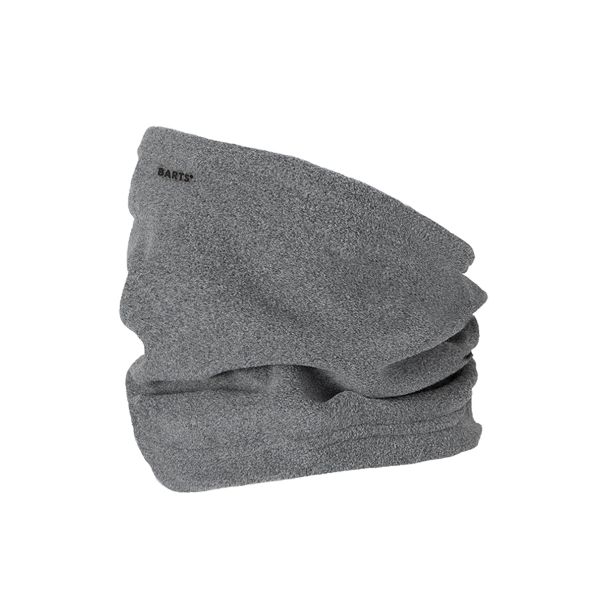 A folded dark gray heathered kids  fleece neck gaiter with a small black 'BAFTA' logo on the side, shown on a plain white background.