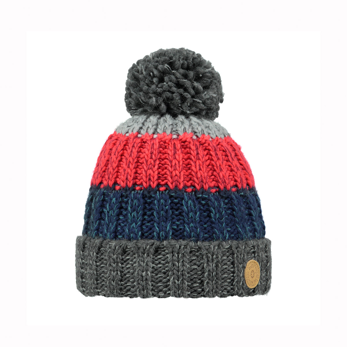 Knitted beanie with gray, red, and navy stripes on a white background