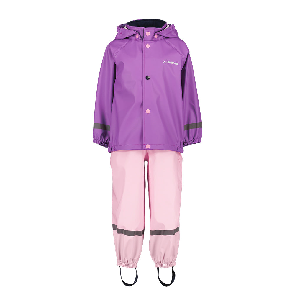 Didriksons Slaskeman Waterproof jacket and dungarees set with purple jacket and pink dungarees (Tulip)