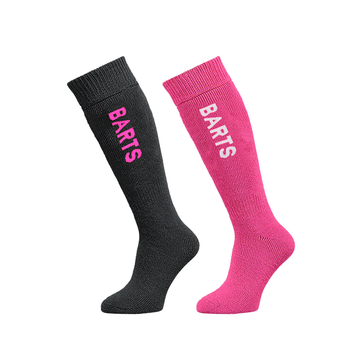 Two knee-high socks, one black and one pink, with 'BARTS' branding on a white background.