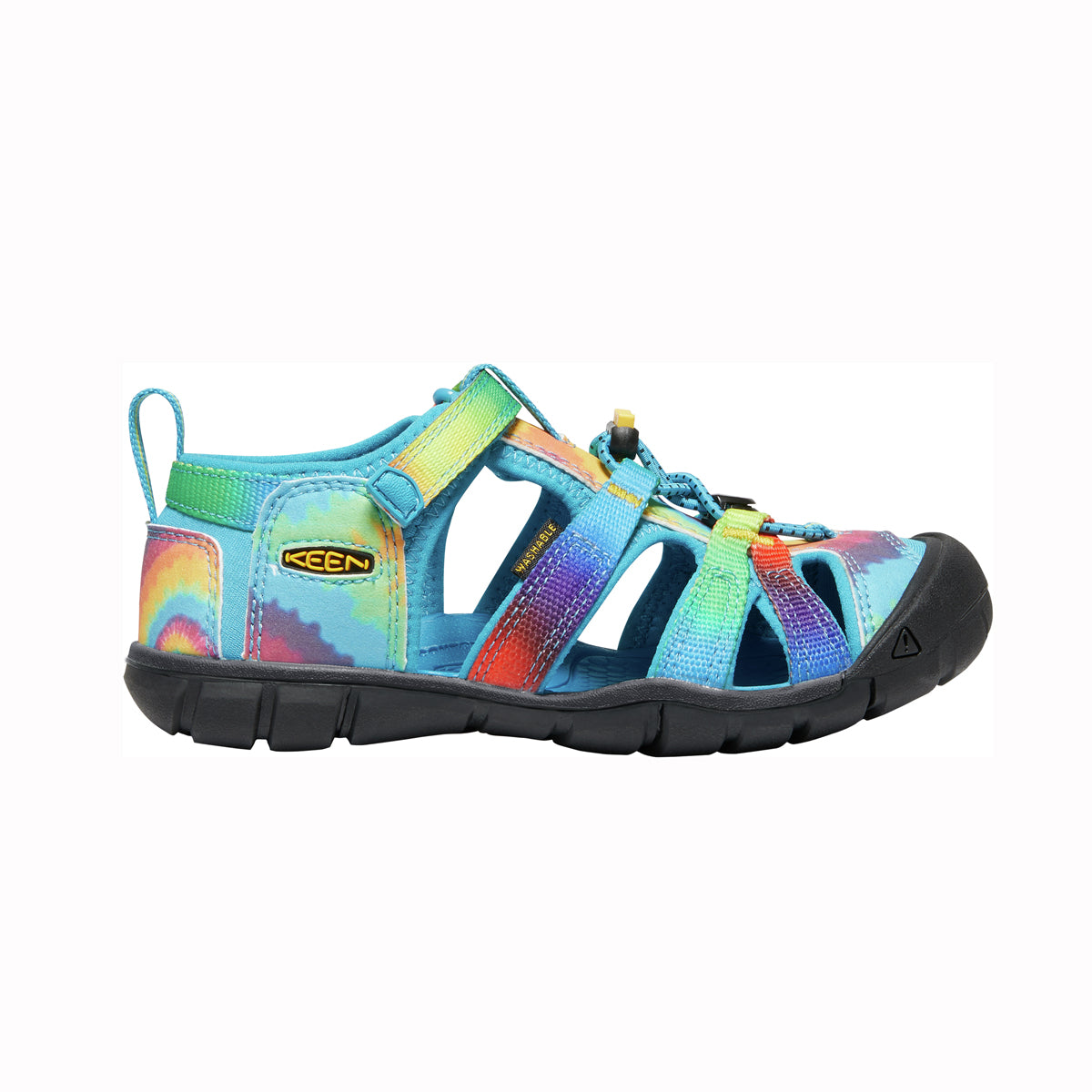 Colourful kids sandal with rainbow pattern on a white background