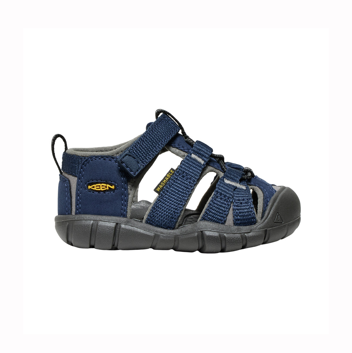 Blue toddler sandals with Keen logo on white background