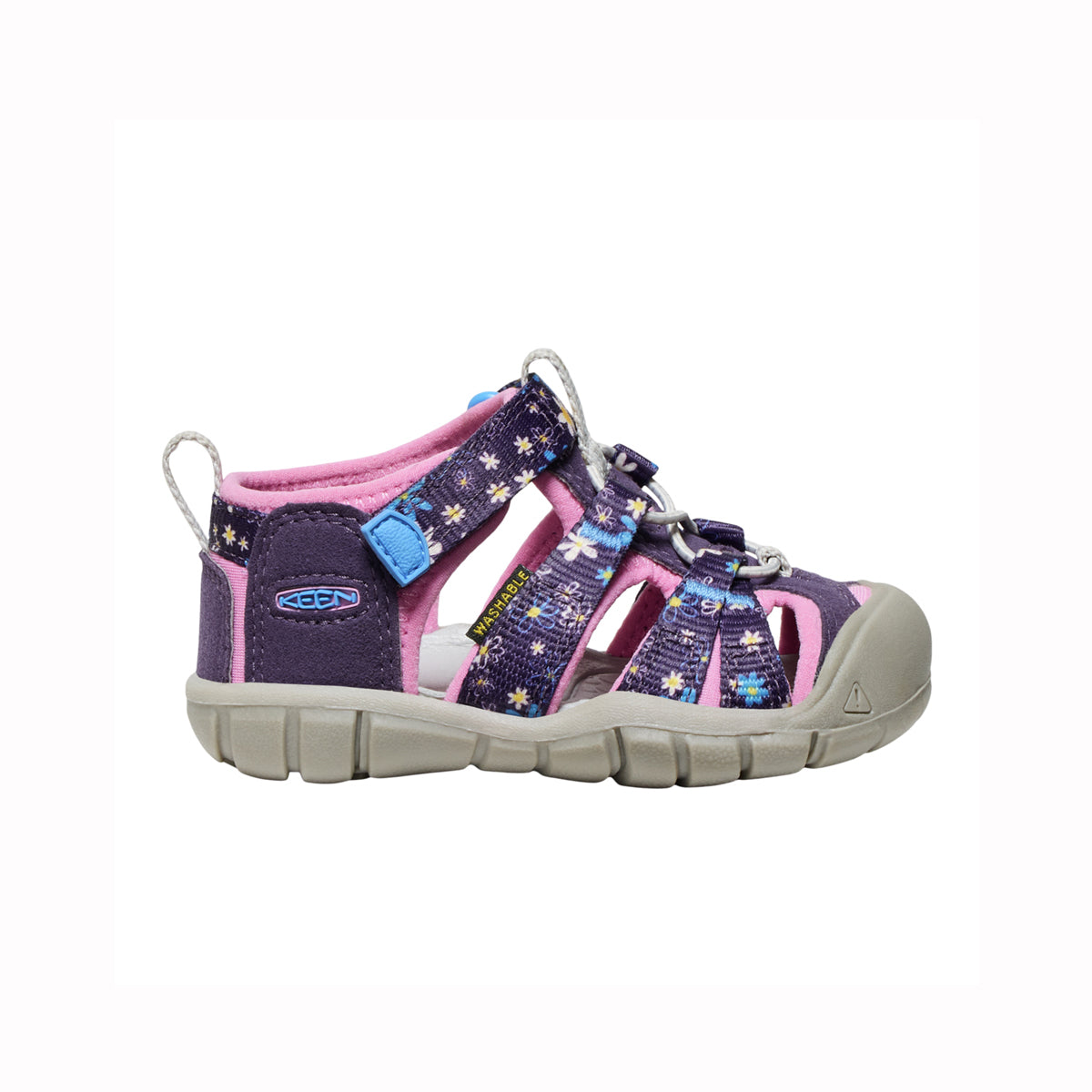 Toddler sandals with purple daisy pattern on white background