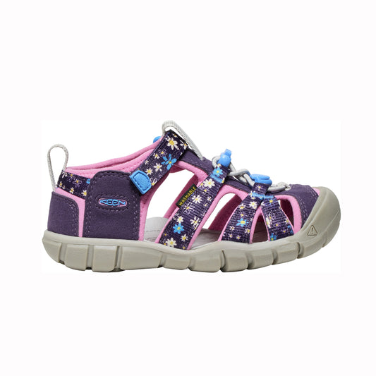 Kids Keen sandals with closed toe and purple floral strap pattern on white background