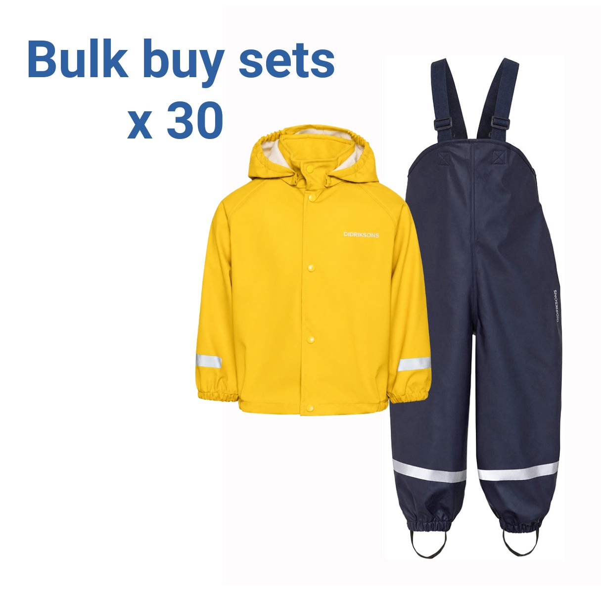 A kids' rain set featuring a bright yellow hooded rain jacket and navy blue waterproof bib overalls with reflective silver stripes, shown on a white background with 'Bulk buy sets x 30' text.