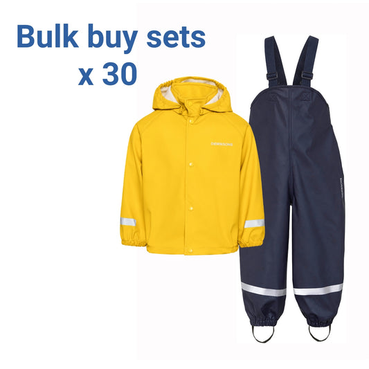 A kids' rain set featuring a bright yellow hooded rain jacket and navy blue waterproof bib overalls with reflective silver stripes, shown on a white background with 'Bulk buy sets x 30' text.