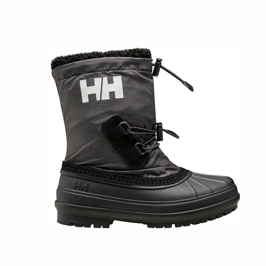 A single Helly Hansen winter boot in black with a white HH logo on the side, featuring a black rubber toe cap, laces, and a black sole, set against a plain white background.