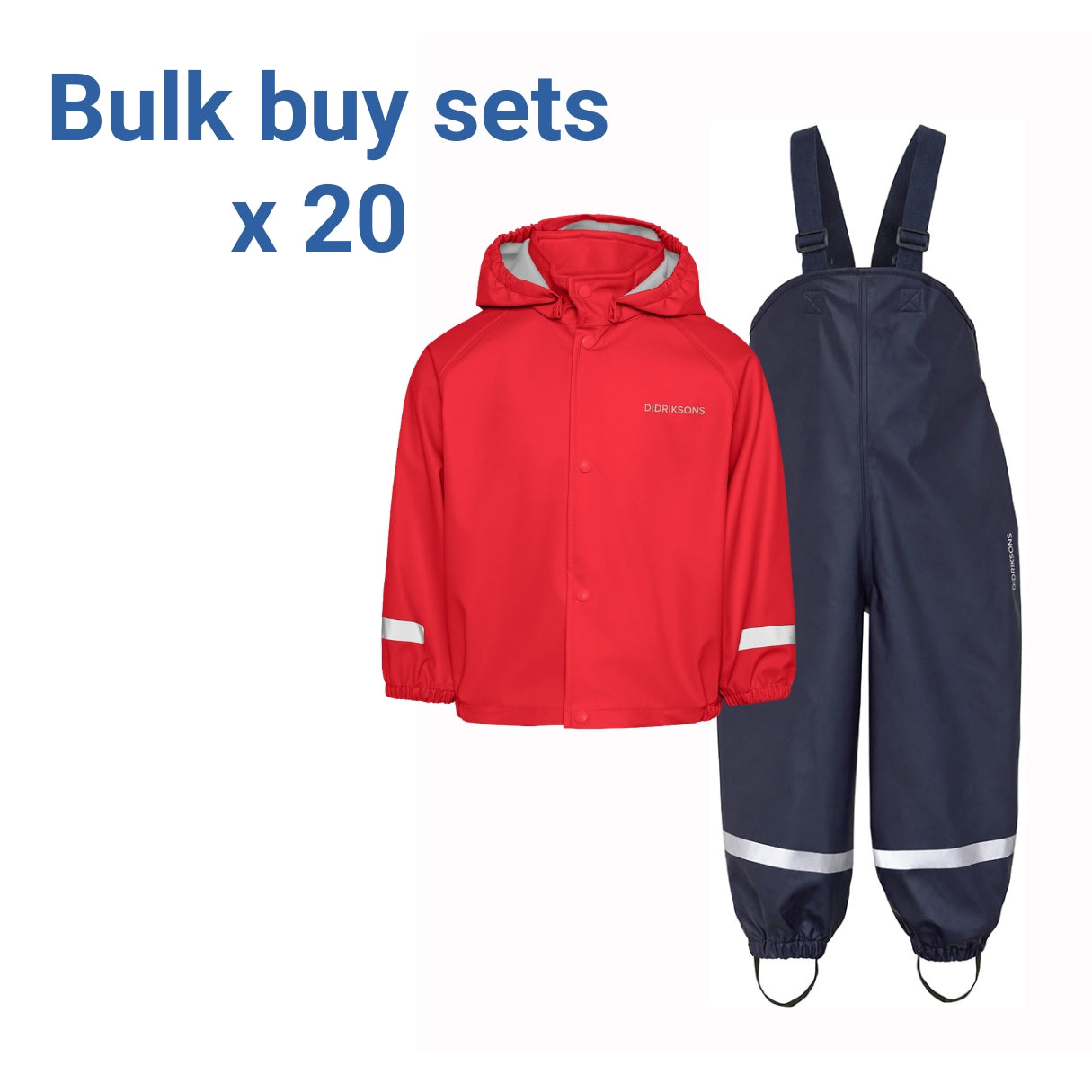 A kids' rainwear bulk buy set shown on a white background, featuring a red hooded rain jacket with reflective stripes and navy blue bib overalls with reflective stripes at the lower legs. Blue text in the top left reads 'Bulk buy sets x 20'.