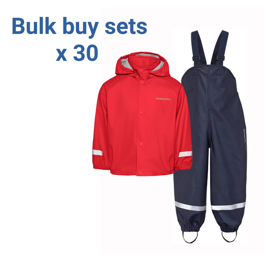 A kids' rainwear bulk buy set featuring a red hooded rain jacket and navy blue bib overalls with reflective silver stripes, shown on a white background with 'Bulk buy sets x 30' text.