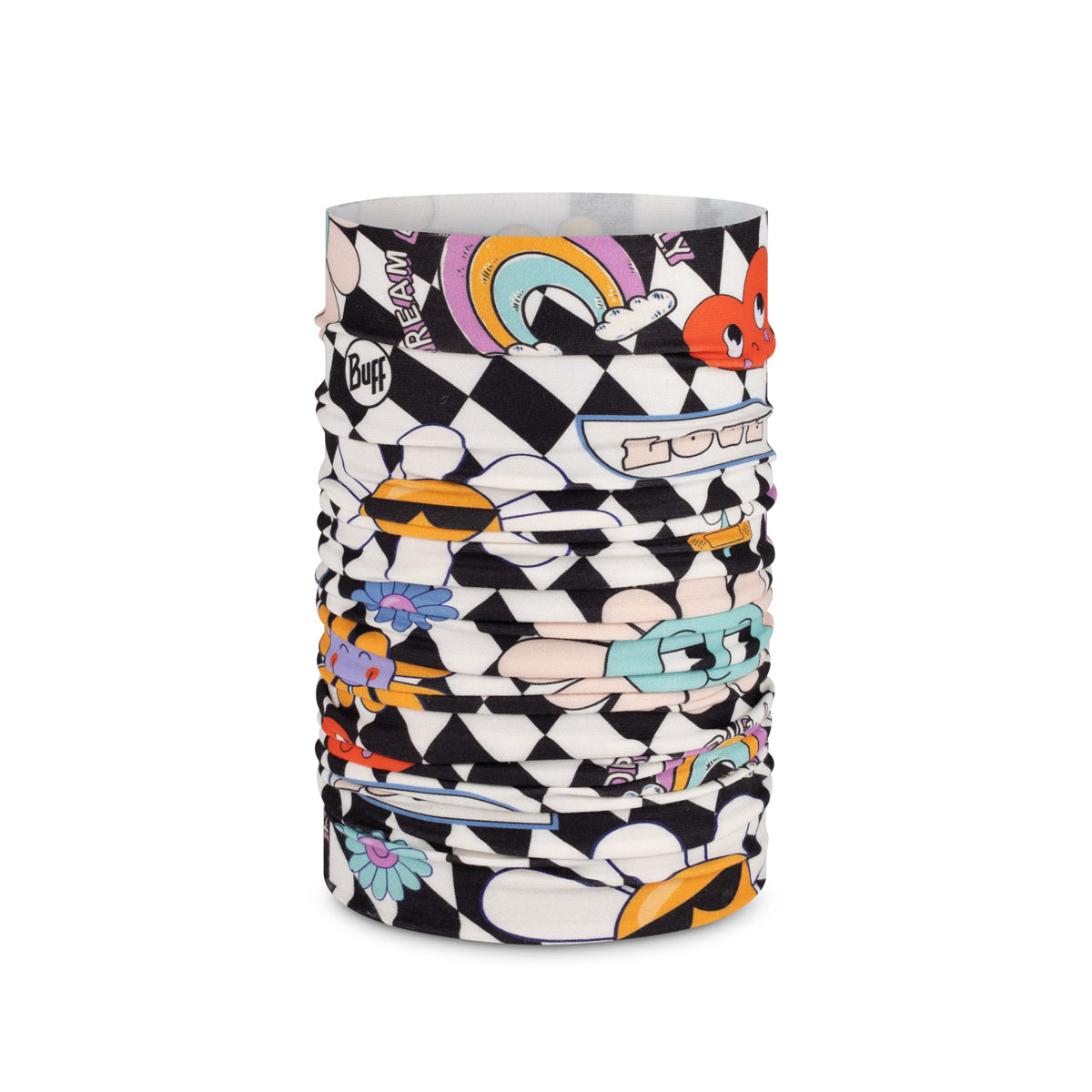 A tubular neck gaiter featuring a black and white checkered pattern with colorful cartoon graphics, including a rainbow, sunglasses, flowers, and the word 'LOVE'.