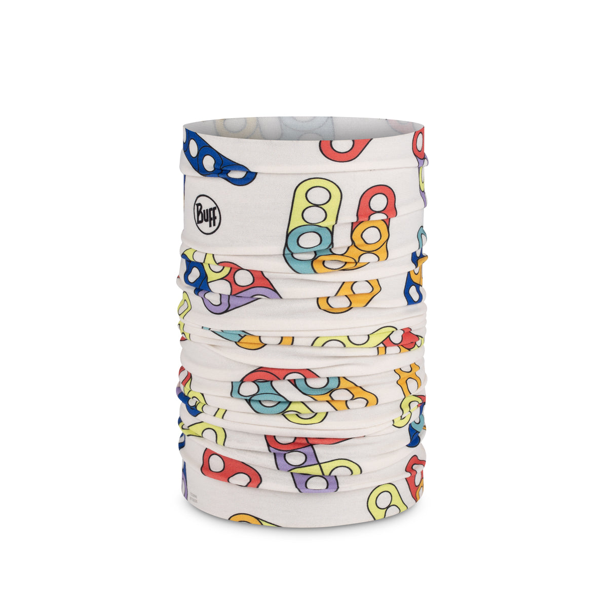 A rolled-up Buff neck gaiter featuring a colorful pattern of cartoonish goggles on an off-white background, shown against a plain white studio backdrop.