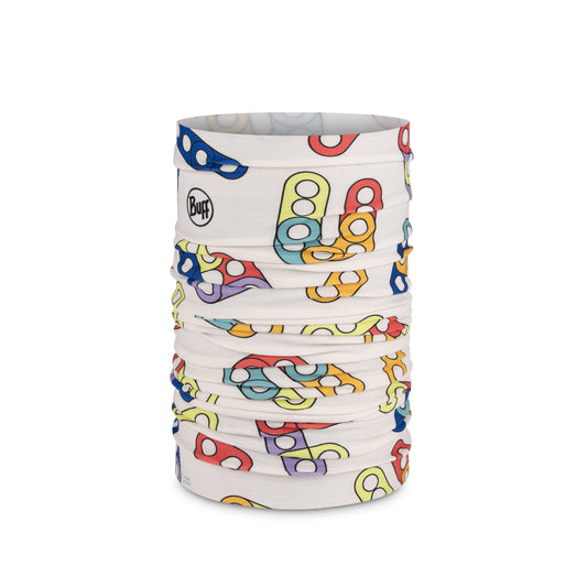 A rolled-up Buff neck gaiter featuring a colorful pattern of cartoonish goggles on an off-white background, shown against a plain white studio backdrop.