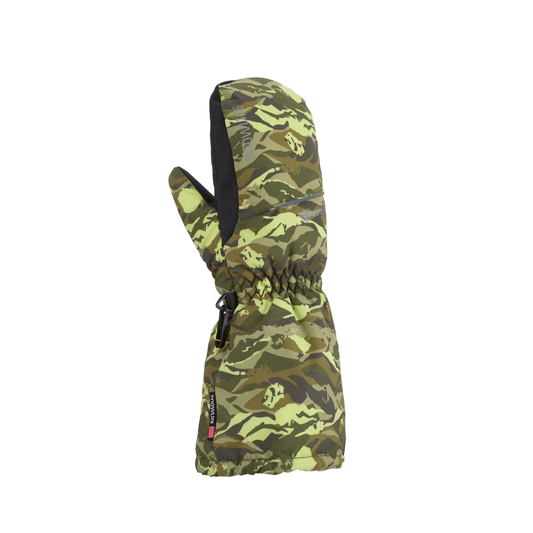 A single camouflage winter mitten with a green, brown, and black camo pattern, featuring a black elastic cuff and a small red and white brand tag near the wrist.