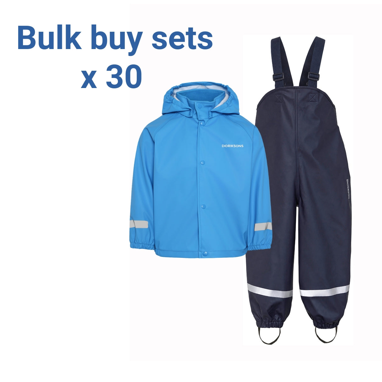 A children's rainwear bulk buy set featuring a bright blue hooded rain jacket and dark navy overalls with reflective silver stripes, shown on a white background with 'Bulk buy sets x 30' text in blue at the top left.