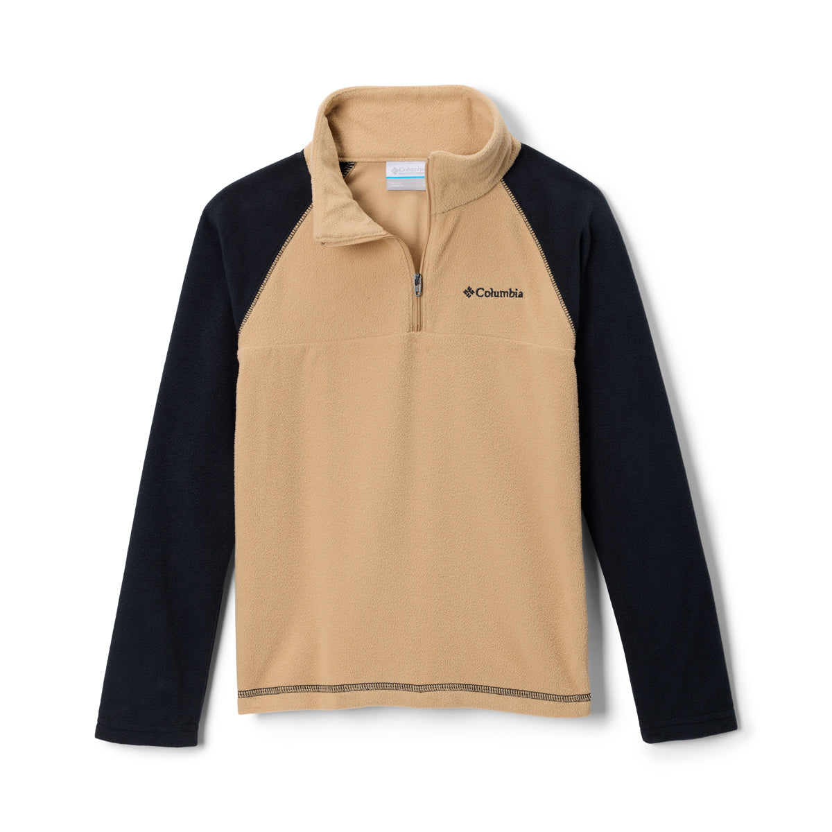 Two-tone fleece pullover with black sleeves and beige body on a white background