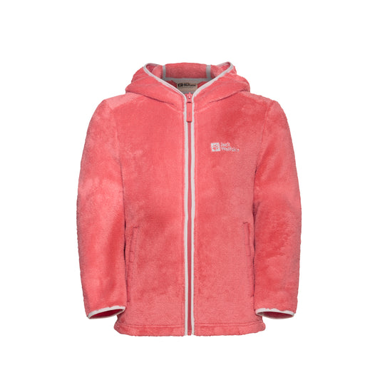Pink fleece jacket with a brand logo on a white background
