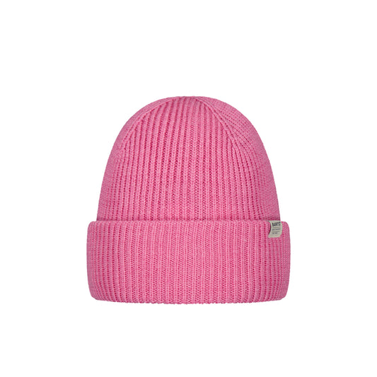 A pink ribbed knit beanie hat with a folded cuff and a small rectangular brand tag on the side, shown against a plain white background.