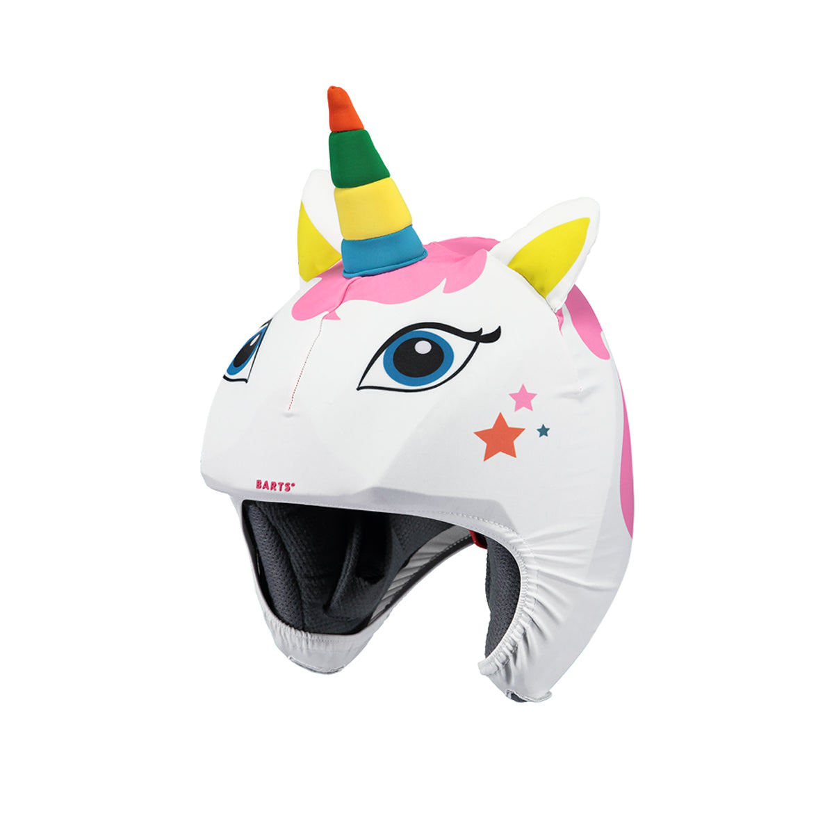 Unicorn-themed helmet cover with colourful design on a white background