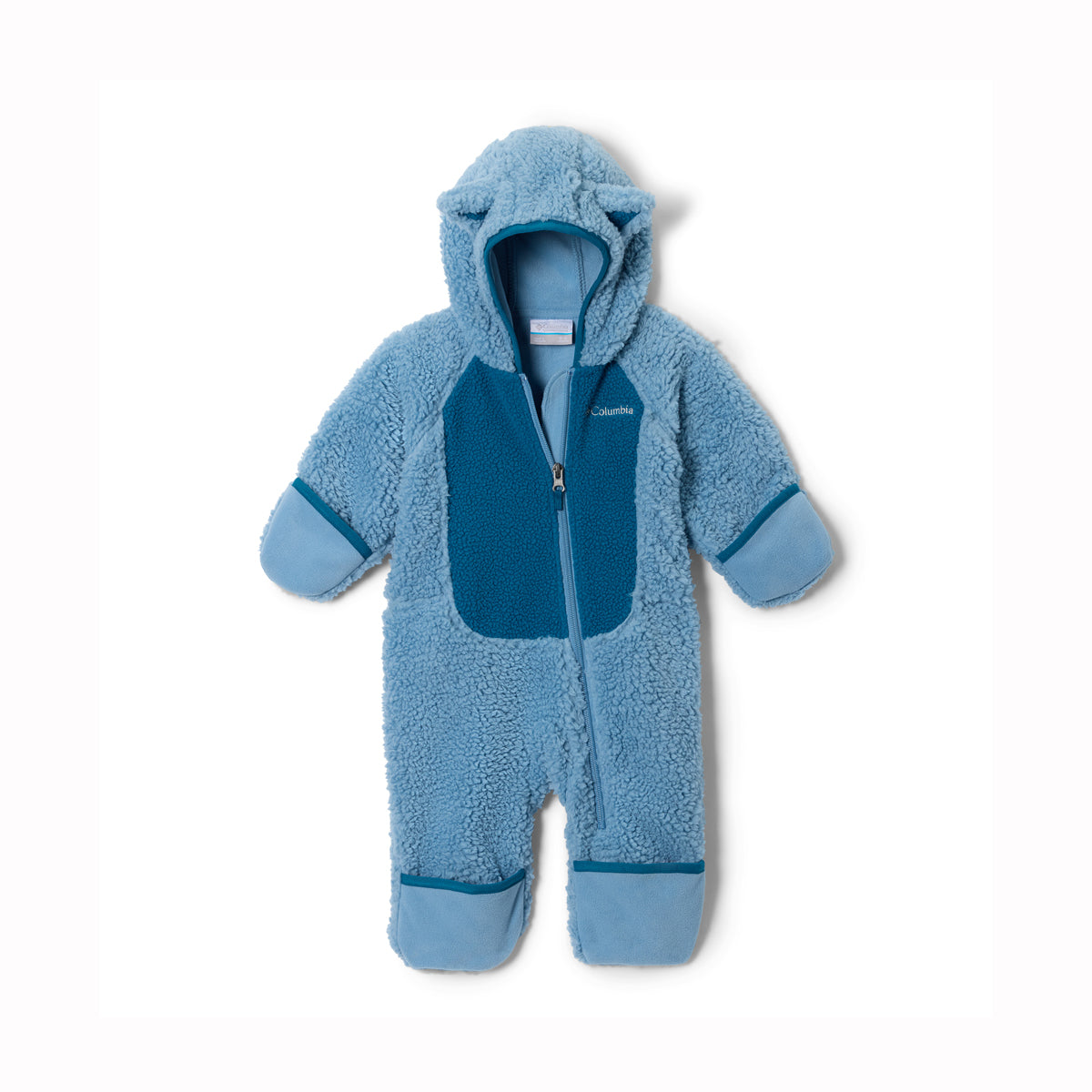 A baby's fleece footed one-piece sleeper in light blue with darker blue contrast panels on the chest, hood lining, cuffs, and ankles, shown against a plain white background.