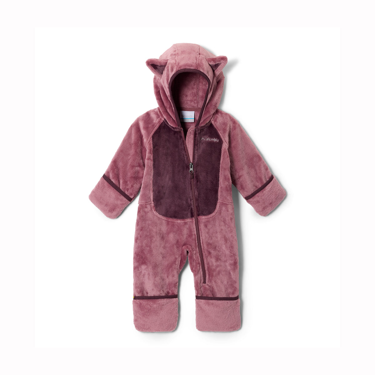 A baby's plush hooded one-piece romper in dusty rose pink with a darker purple-brown front panel and matching trim, featuring cat ears on the hood.