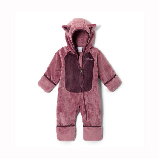 A baby's plush hooded one-piece romper in dusty rose pink with a darker purple-brown front panel and matching trim, featuring cat ears on the hood.