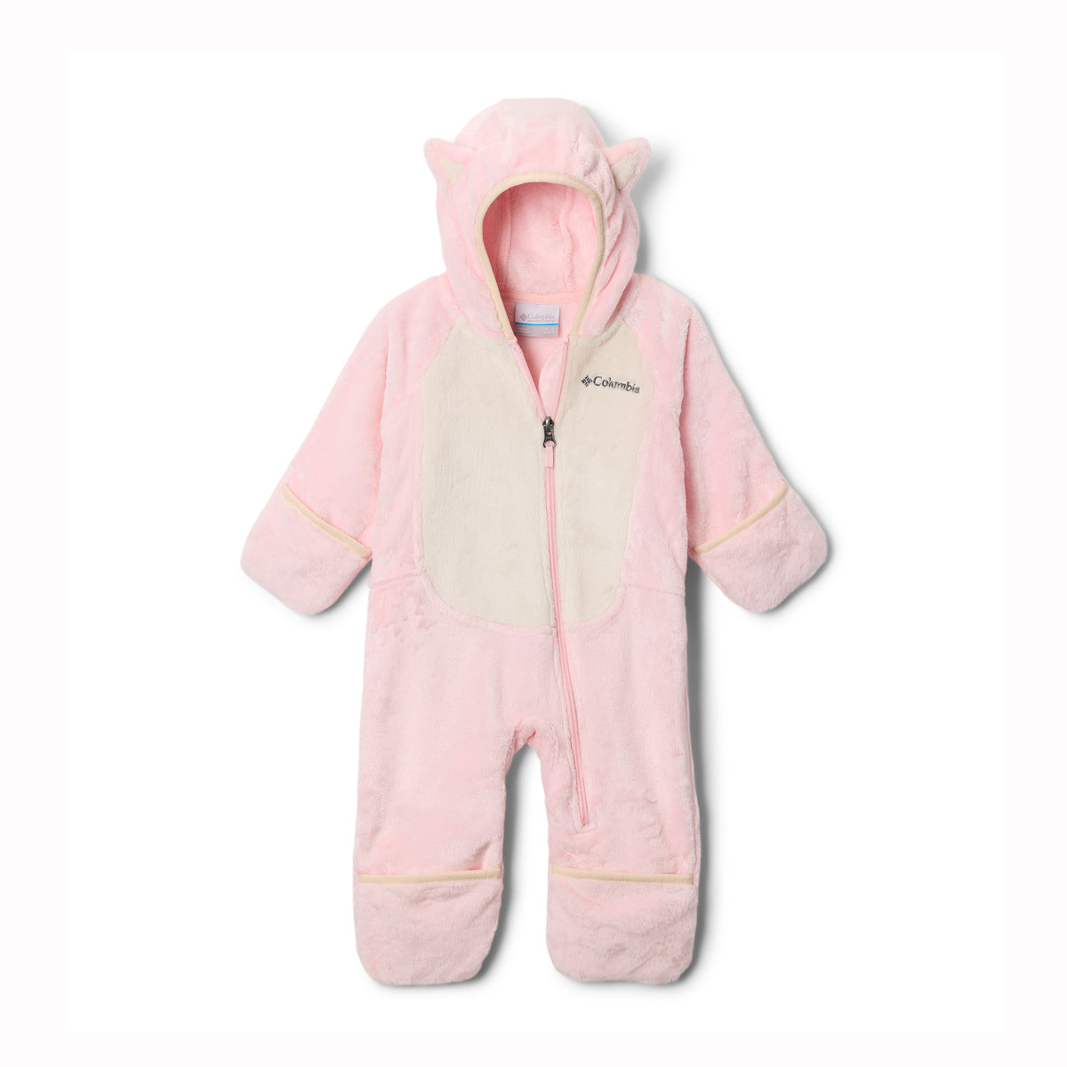 Pink baby fleece snowsuit with hood on a white background
