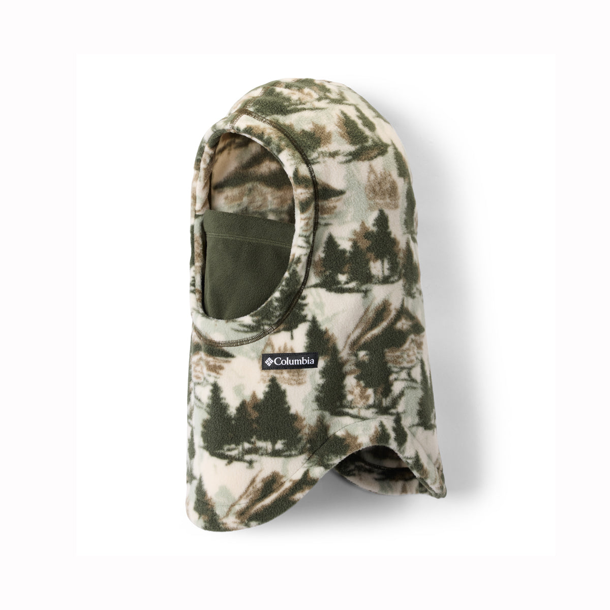 Camouflage kids balaclava with Columbia logo on a white background