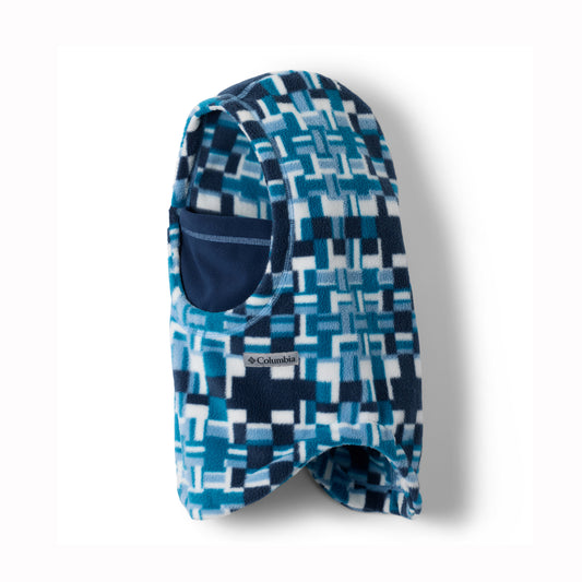 Blue and white patterned balaclava with Columbia logo on a white background