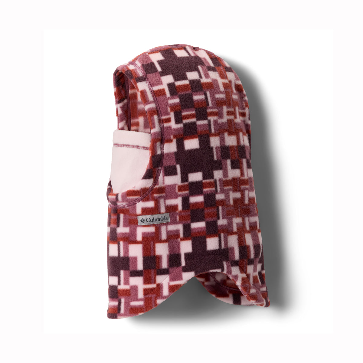 Plaid patterned kids balaclava with Columbia logo on a white background