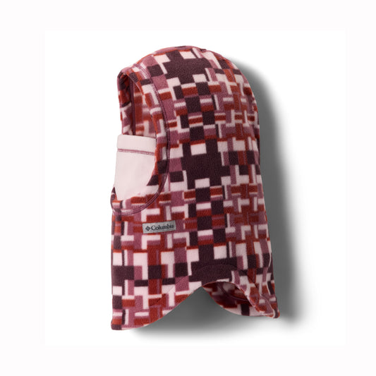 Plaid patterned kids balaclava with Columbia logo on a white background
