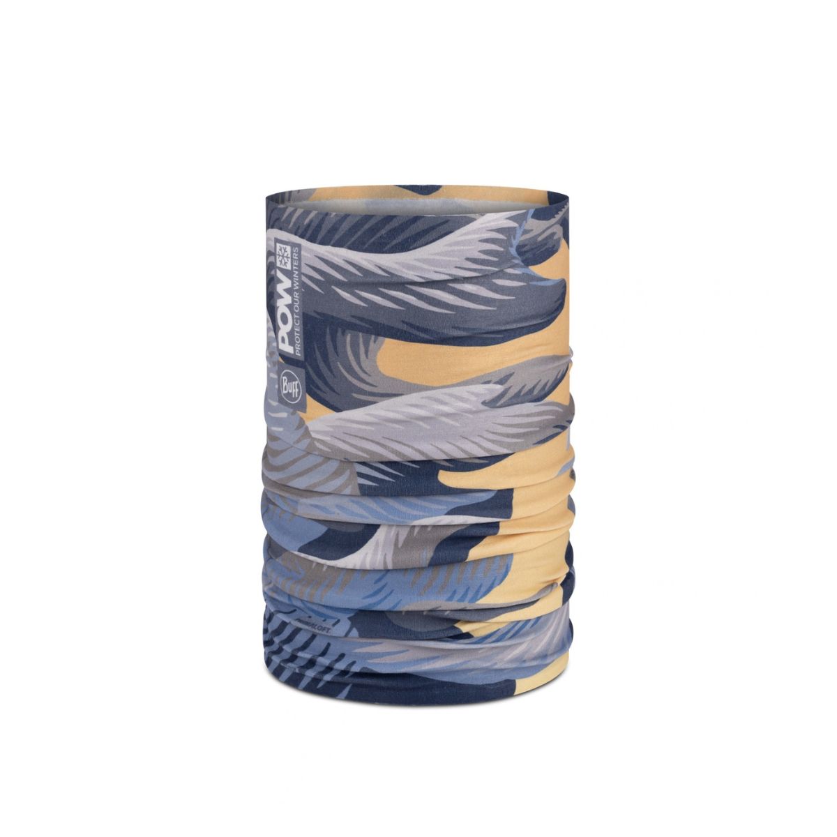 A tubular neck gaiter with a modern abstract pattern in navy blue, slate gray, and warm beige, standing upright on a white background. The brand 'POW!' is visible on a vertical label on the left side of the gaiter.