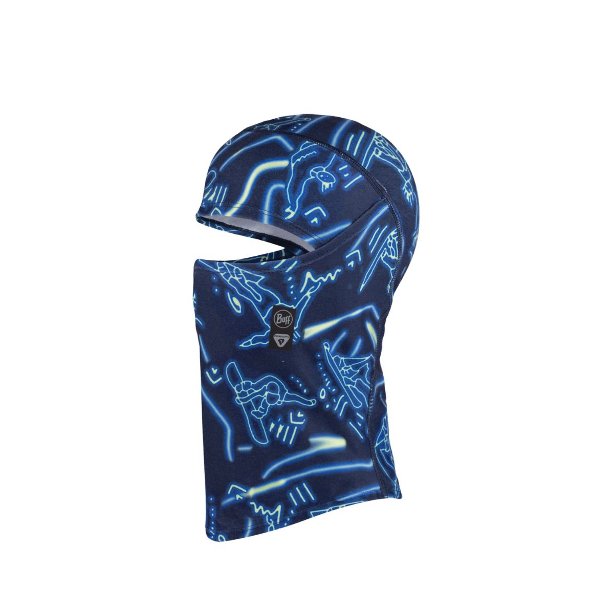 A dark blue balaclava face mask with a neon light-pattern print in blue and white, featuring a small black and white logo on the front, shown against a plain white background.