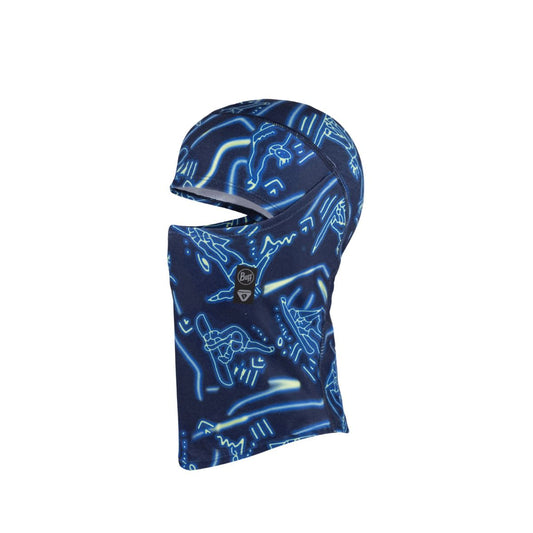 A dark blue balaclava face mask with a neon light-pattern print in blue and white, featuring a small black and white logo on the front, shown against a plain white background.