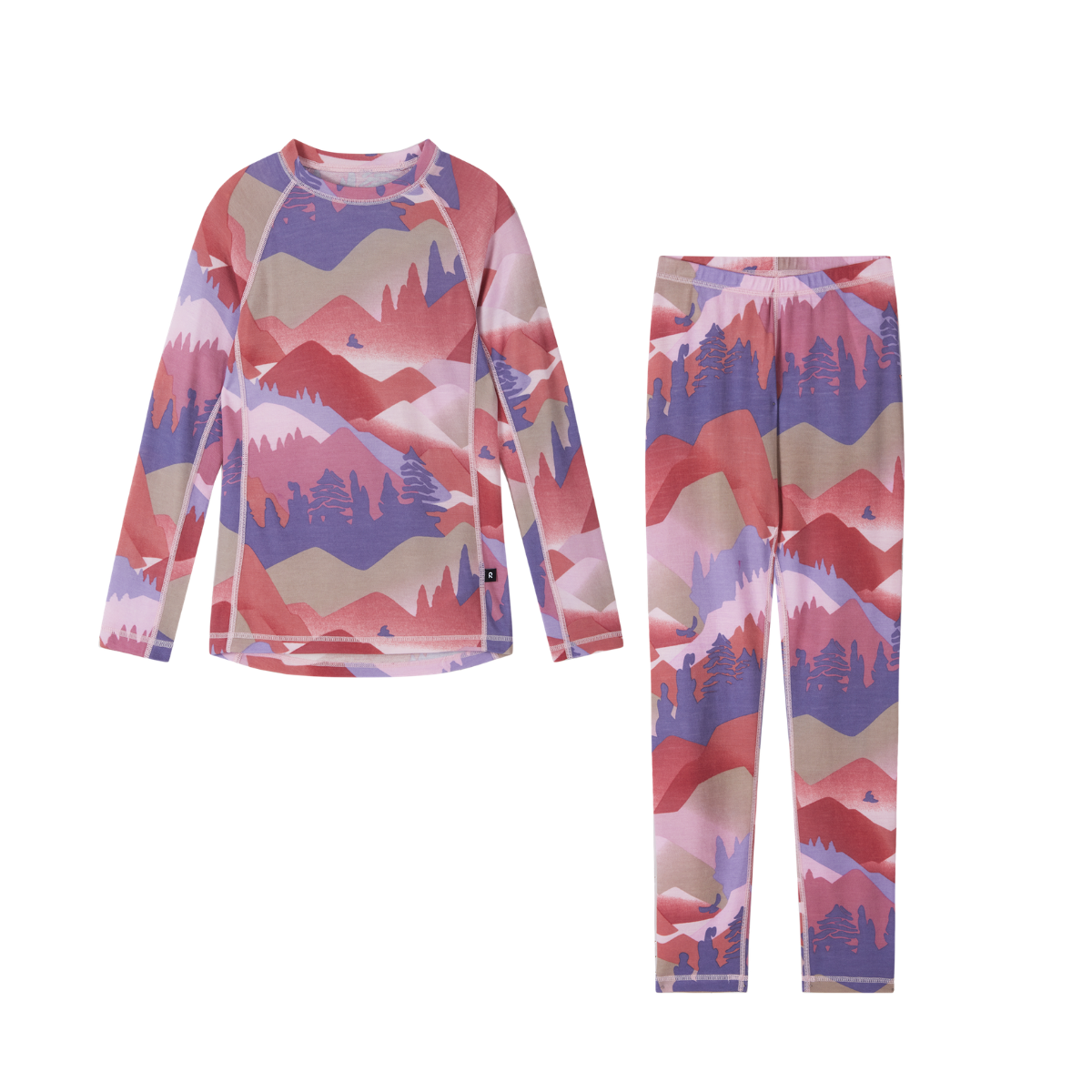 A two-piece children's thermal set featuring a long-sleeve top and matching pants with an all-over scenic mountain and forest pattern in shades of pink, red, purple, and beige, displayed on a clean white background.