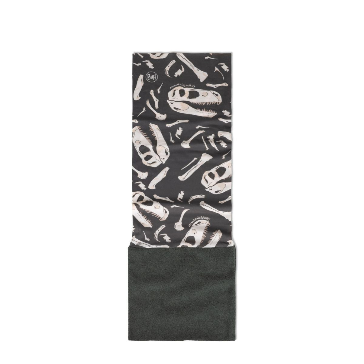 A neck gaiter or face covering with a dinosaur skeleton print on the top half and a solid dark grey fleece fabric on the bottom half, shown flat against a white background.