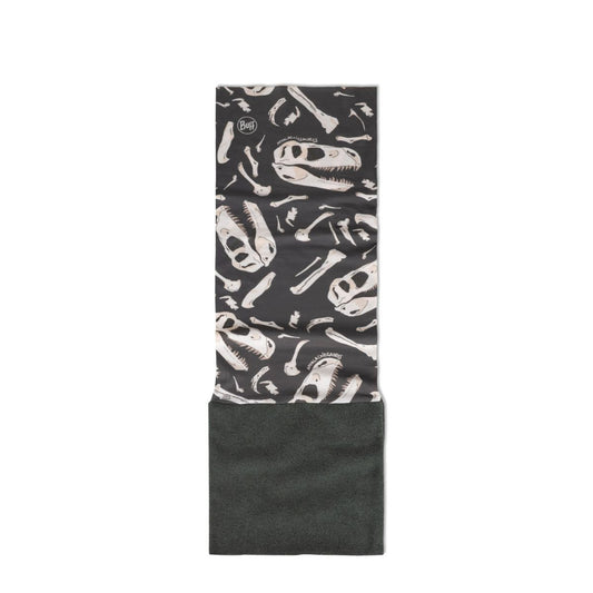 A neck gaiter or face covering with a dinosaur skeleton print on the top half and a solid dark grey fleece fabric on the bottom half, shown flat against a white background.
