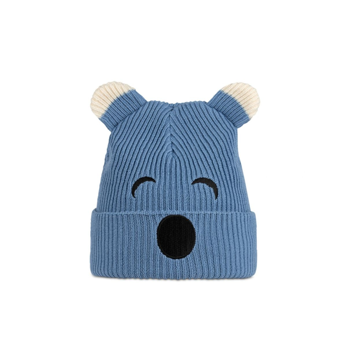 A blue ribbed knit beanie hat with bear ears on top, featuring embroidered black eyes and a black nose, with cream-colored ear tips, shown against a plain white background.