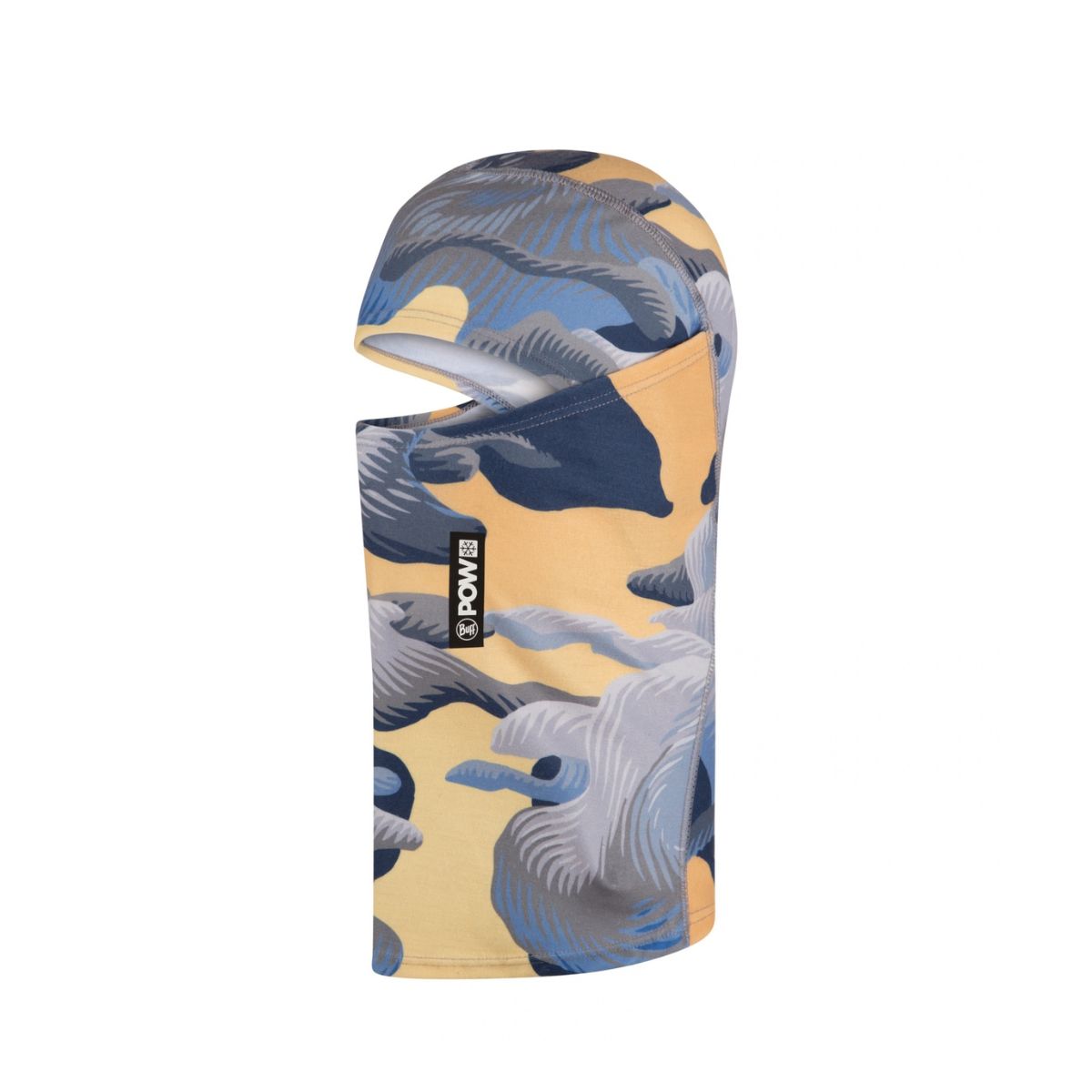 A balaclava mask featuring a stylised abstract wave pattern in navy blue, slate grey, and warm mustard yellow, with a black and white 'POW' logo patch on the side.