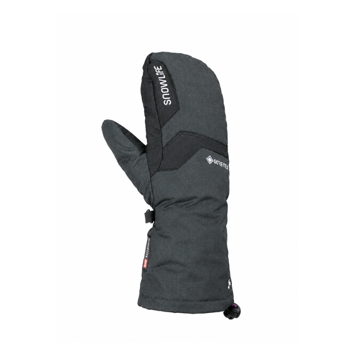 A single dark grey outdoor mitten with white branding, including 'SNOWLIFE' on the back of the hand and 'GORE-TEX' on the back of the wrist, shown against a plain white background.