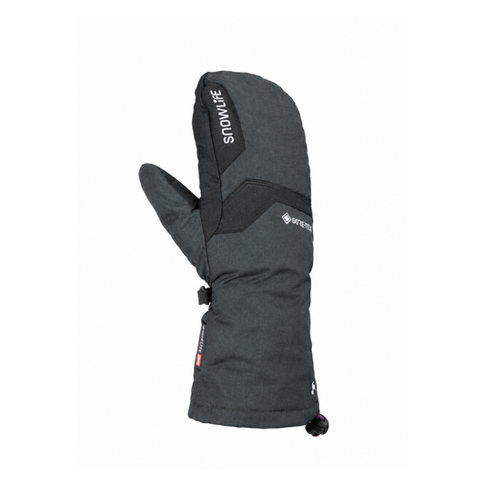 A single dark grey outdoor mitten with white branding, including 'SNOWLIFE' on the back of the hand and 'GORE-TEX' on the back of the wrist, shown against a plain white background.