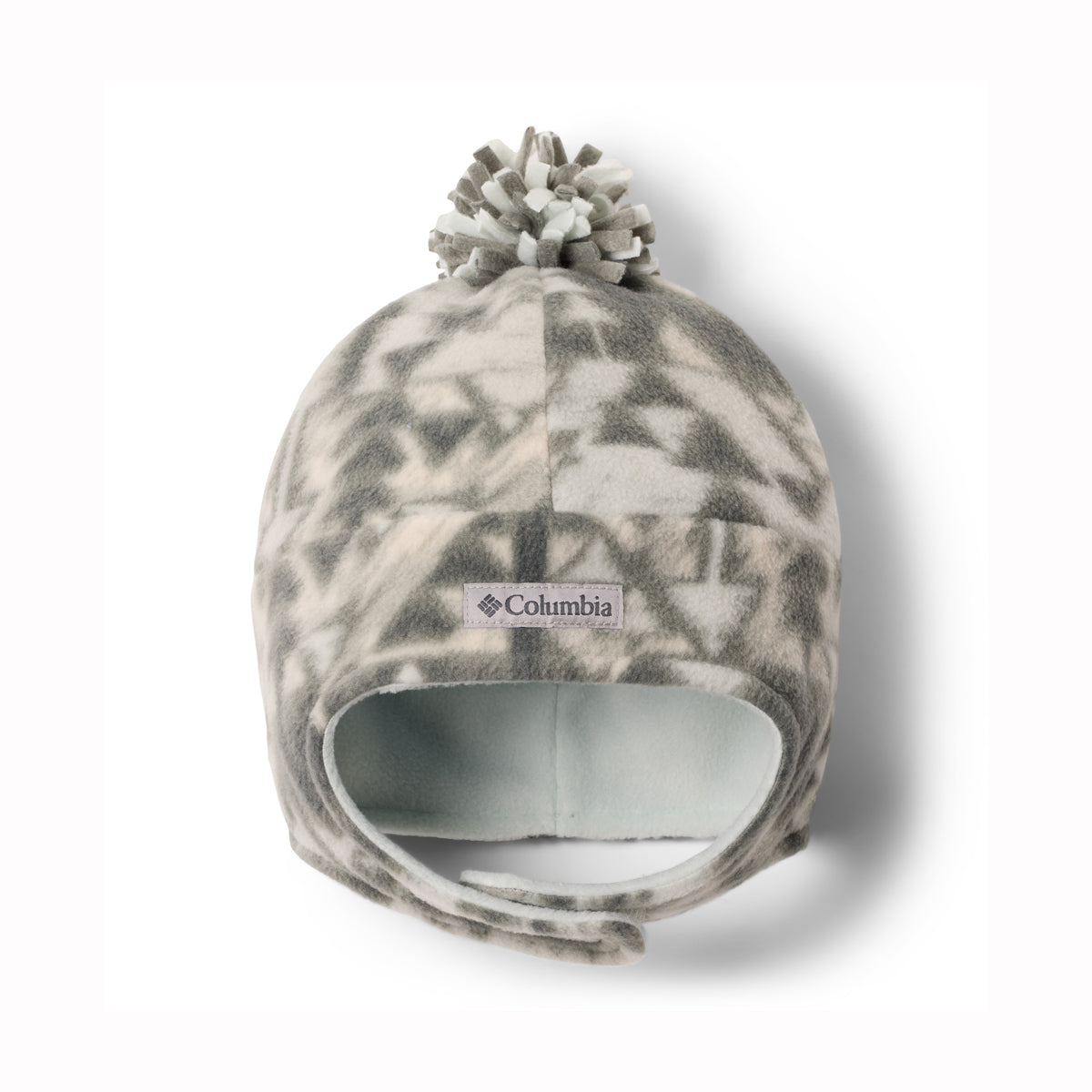 Camouflage-patterned kids beanie with pom-pom on a white background