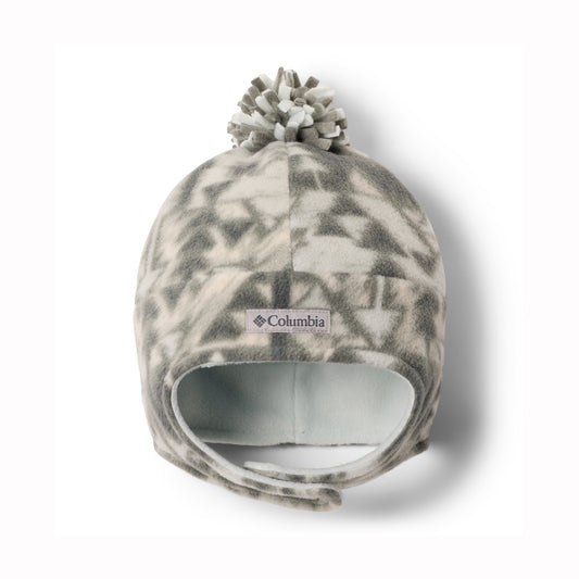Camouflage-patterned kids beanie with pom-pom on a white background