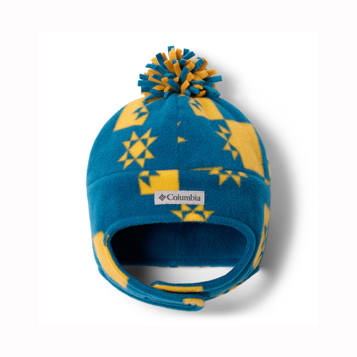 Blue and yellow kids patterned beanie with pom-pom on a white background