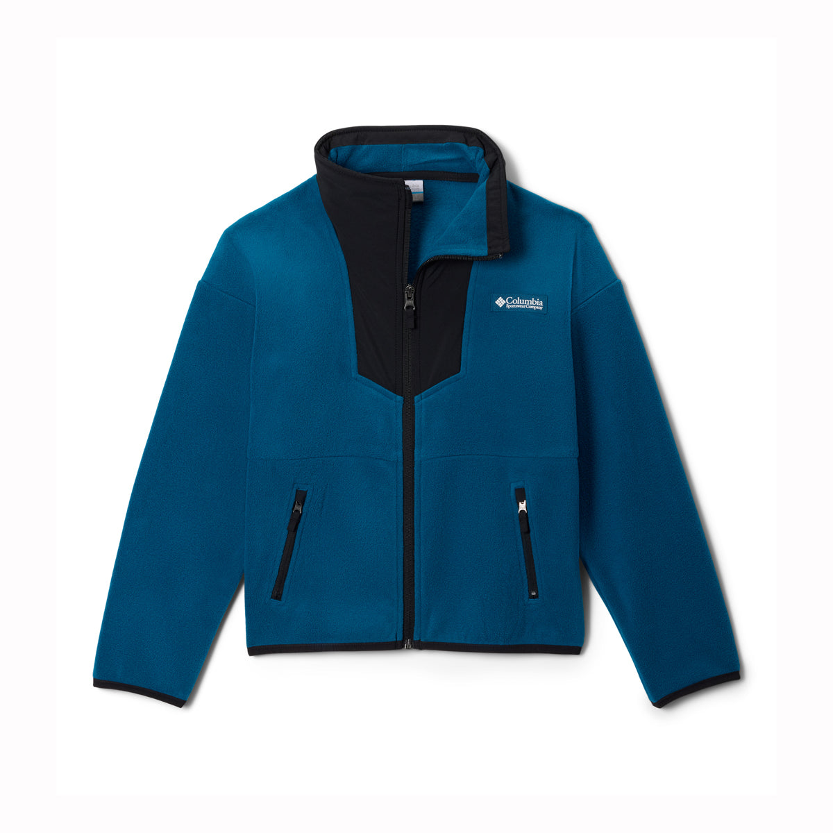 A Columbia fleece jacket in teal blue with a black collar, zipper, and zipper pockets, shown on a plain white background.