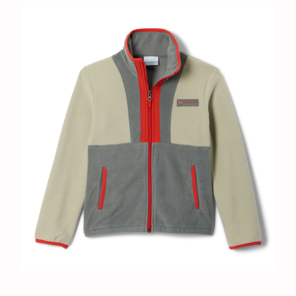 A colorblock fleece jacket with a beige upper body and sleeves, a gray lower body and collar, and bright red trim and zipper details. A small rectangular logo patch is visible on the left chest.