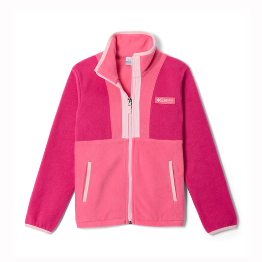 Pink fleece kids jacket with Columbia logo on a white background