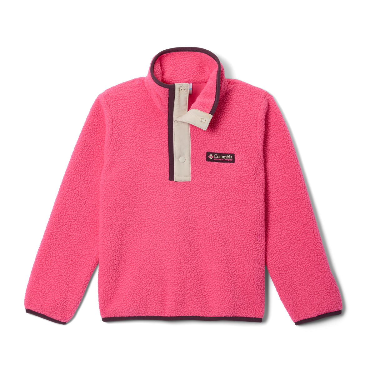 Pink kids fleece pullover with Columbia logo on a white background