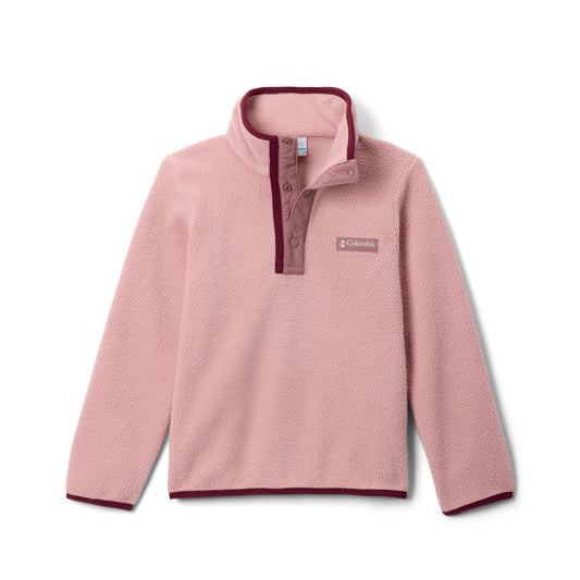 Pink fleece pullover with maroon trim on a white background
