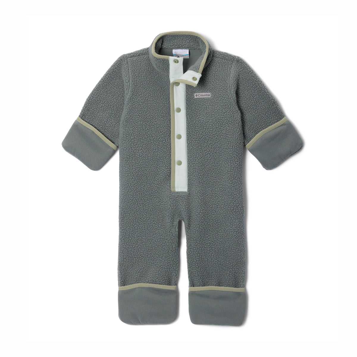 Gray baby onesie with button details on a white background