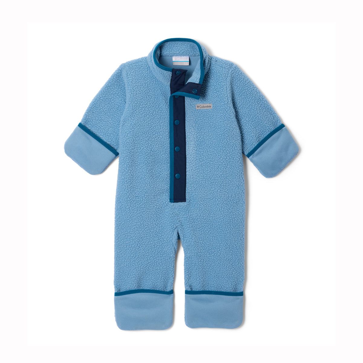 Blue baby onesie with navy accents on a white background